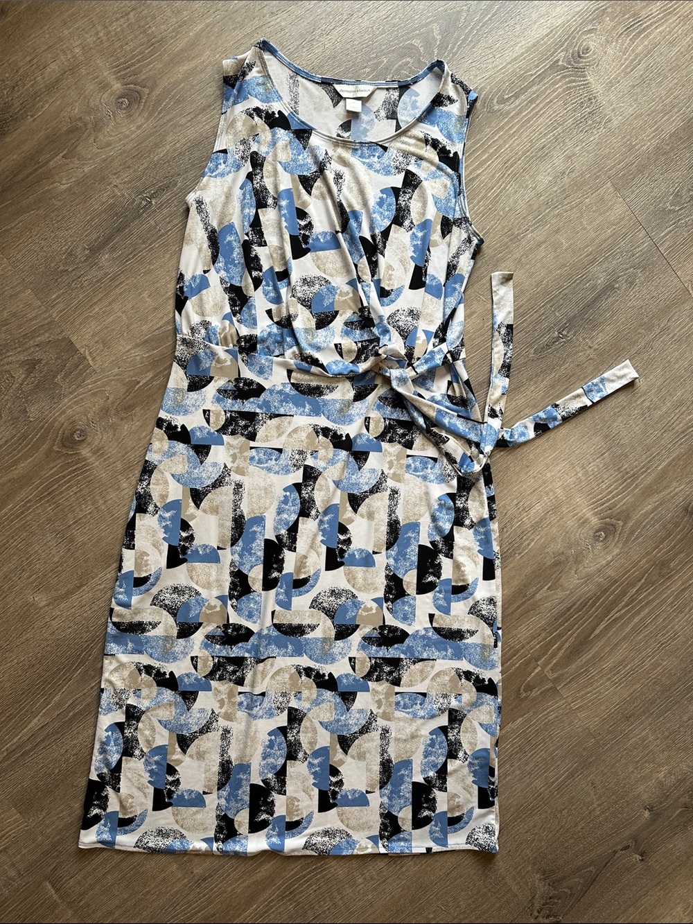 Christopher & Banks Blue, Beige & Black Sleeveless Wrap-Style Dress